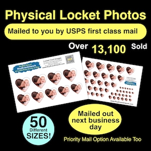 May include: A white sheet of paper with a heart-shaped photo collage of a mother and child. The collage is surrounded by a white border. The text "Locket Card Images" and "www.RoyEvanArtwork.com" is printed on the paper. The text "Over 13,100 Sold" is printed in yellow on a black background. A blue circle with the text "50 Different SIZES!" is printed on a white background.