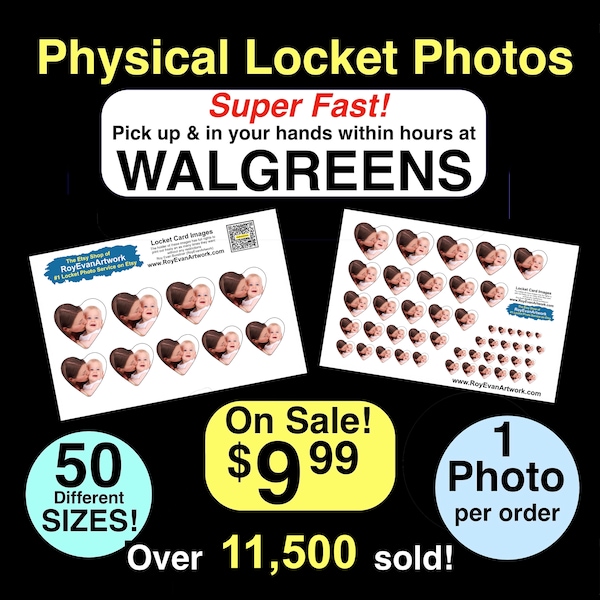 Physical Locket Photos- 50 different sizes. -Pick up at Walgreens within hours (You pay 84 cents in store) - Mother's Day - Birthday