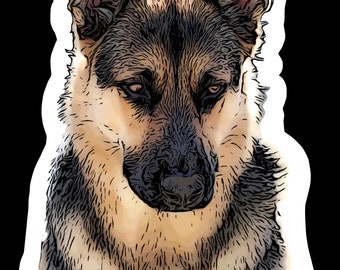 May include: A sticker featuring a close-up of a German Shepherd dog's face. The dog has a serious expression and is looking down. The sticker has a white border and the text "Sticker #105" at the bottom.
