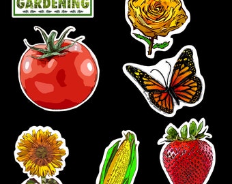 Garden Sticker Pack #1 - Set of 7 Vinyl Paper Stickers - Gardening - Flowers - Vegetables - Scrapbooking - laptop decals