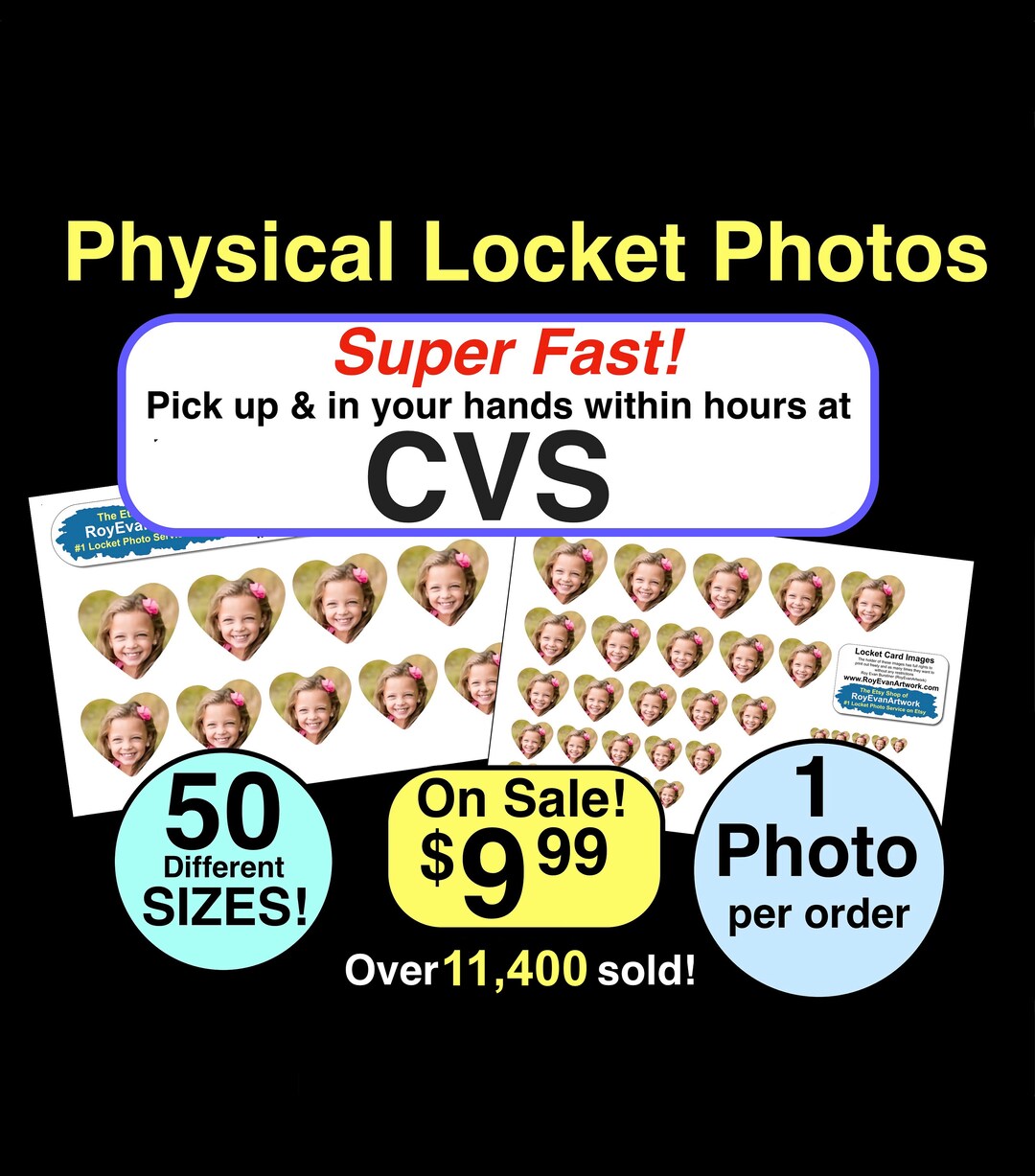 Physical Locket Photos 50 Different Sizes. pick up at CVS in 24 Hrs or Less you Pay .80 in Store