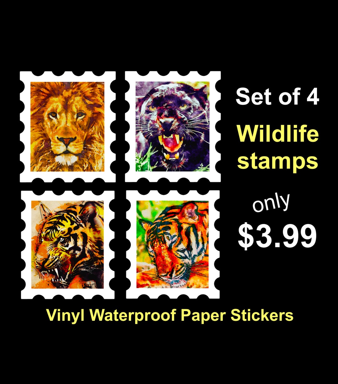 Set of 4 Jungle Wildlife Stamp Stickers Vinyl Waterproof Paper