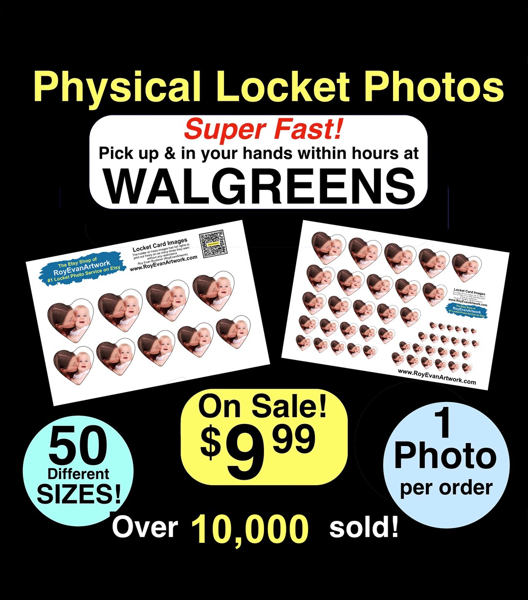 Physical Locket Photos 50 Different Sizes. pick up at Walgreens 24 Hrs