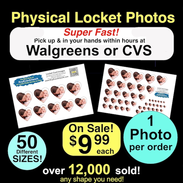 Physical Locket Photos- 50 different sizes. -Pick up at Walgreens within hours (You pay 84 cents in store) - Mother's Day - Birthday