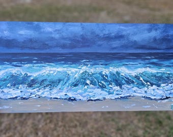 Nog steeds in bezit | Origineel Ocean Wave-schilderij op houten paneel | Christelijke kustkunst | Stormzeegezicht | 10 x 20 acrylschilderij | Op geloof gebaseerde muur