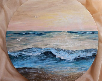 Title: Love's Haven | An original acrylic painting on circular canvas | 10" seascape