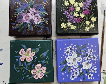 Taschengarten-Serie | Original Blumen Mini Gemälde auf 10x10 Leinwand | Acryl Wildblumen Kunst | Mini-Blumen-Wand-Dekor
