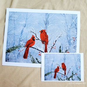 Winter Cardinals | art print 4x6 or 8.5x11 | snowy trees with red berries