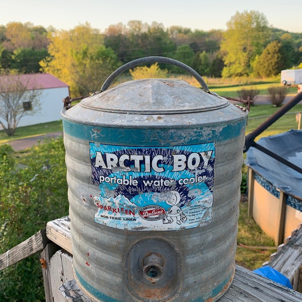 Very Hard to Find Old Arctic Boy Portable Water Cooler -- Old Style Steampunk Your Outdoor Decor