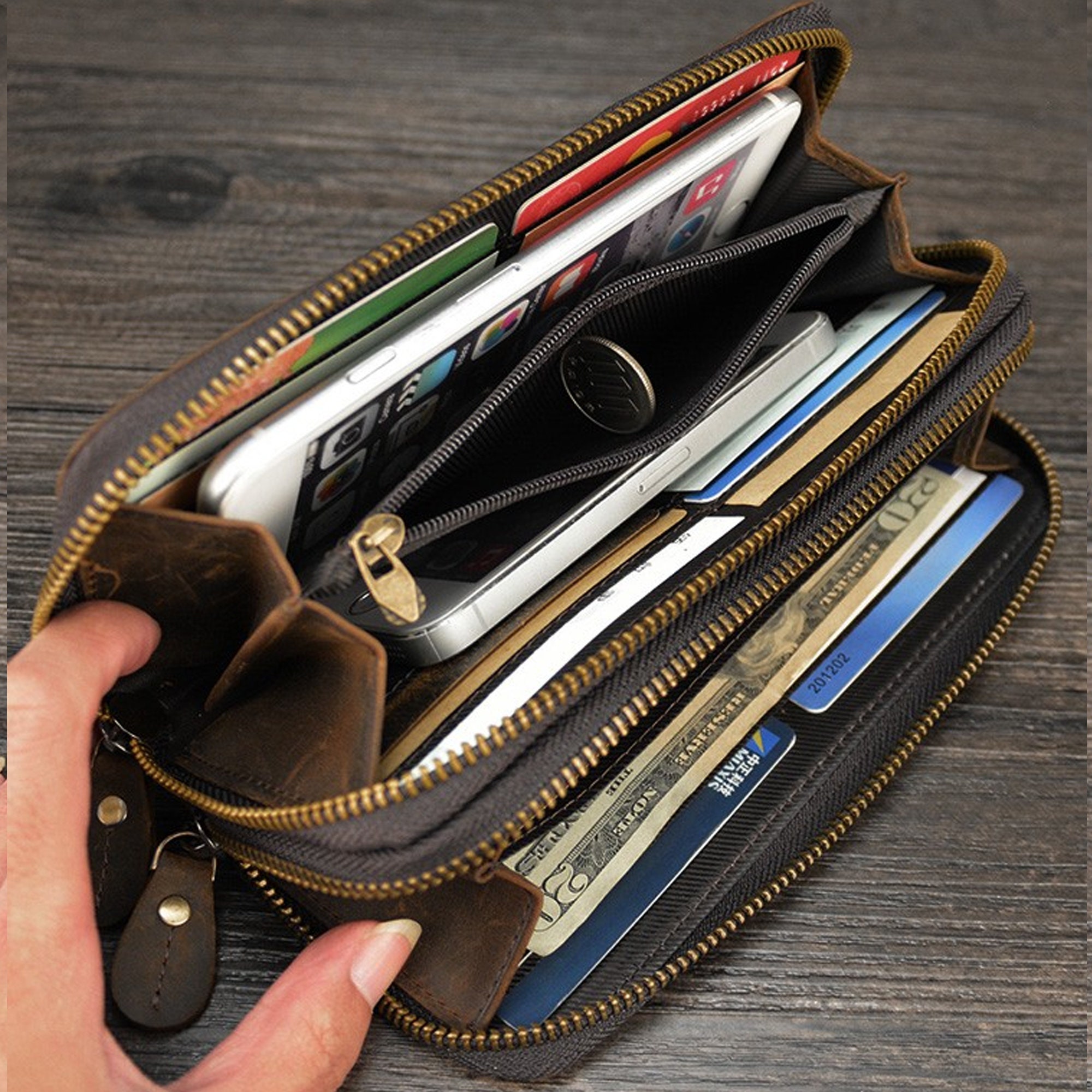 Double Zip Vintage Leather Wallet genuine Leather Wallet Women