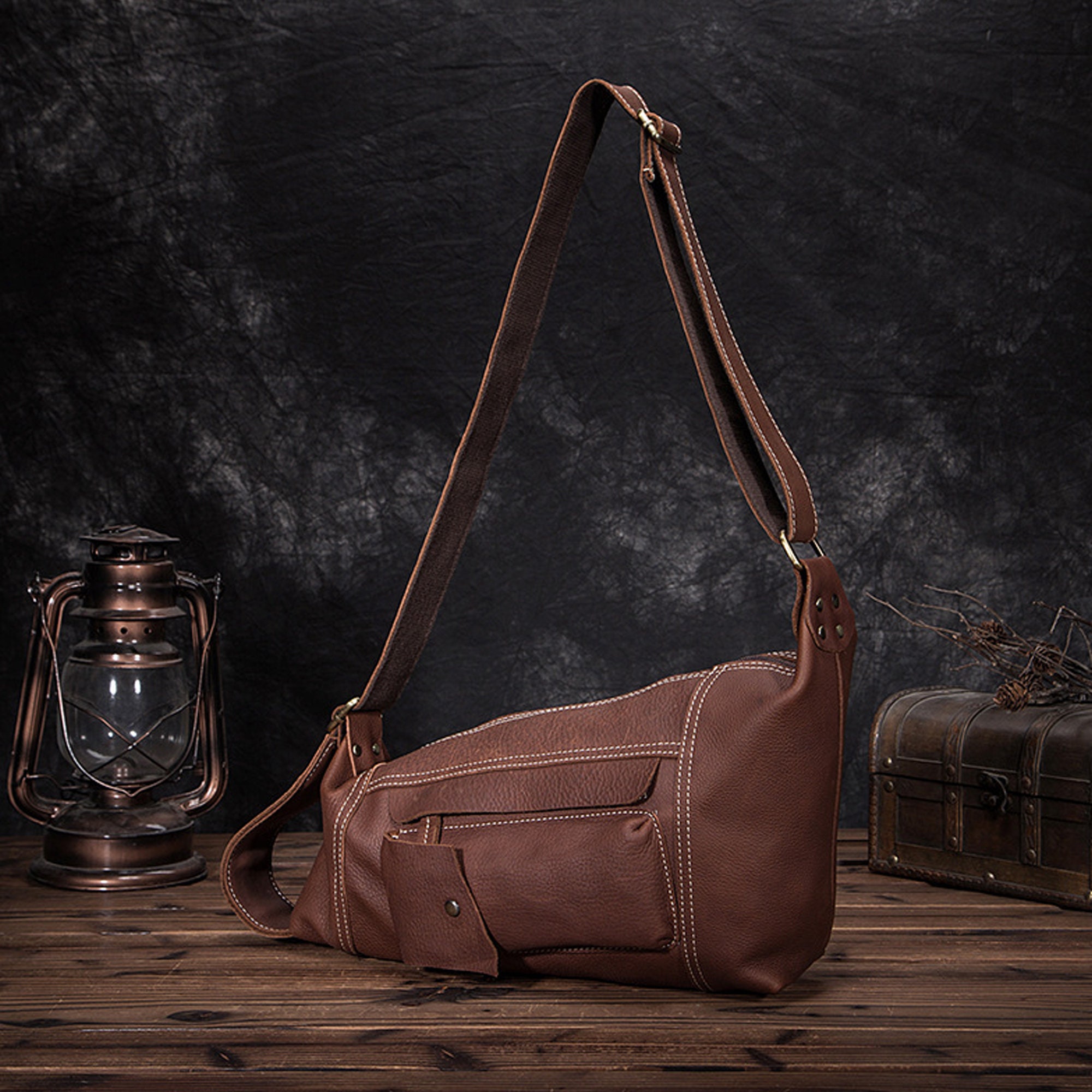 Echt Leder Vintage Casual Crossbody Brust Sling Bag Travel One Etsy