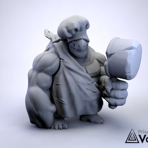 Pode incluir: Uma miniatura cinzenta de plástico, impressa em 3D, que representa uma figura humanoide musculosa que usa um chapéu de cozinheiro e segura um grande martelo cinzento. A figura usa uma túnica larga e tem uma cabeça grande e redonda com uma boca larga.