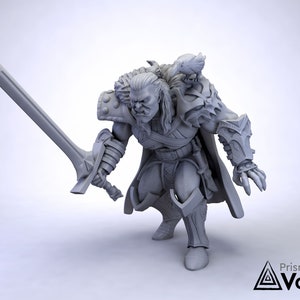 Peut inclure: Une figurine miniature grise et détaillée d'un guerrier avec une épée et une créature ressemblant à un loup sur son épaule. Le guerrier porte une armure et une cape.