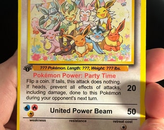 NEW Eeveelutions Party Time - thin Yellow Border Vintage Pokemon Card Art WotC Style - Eevee, Espeon, Leafeon, Umbreon, Jolteon