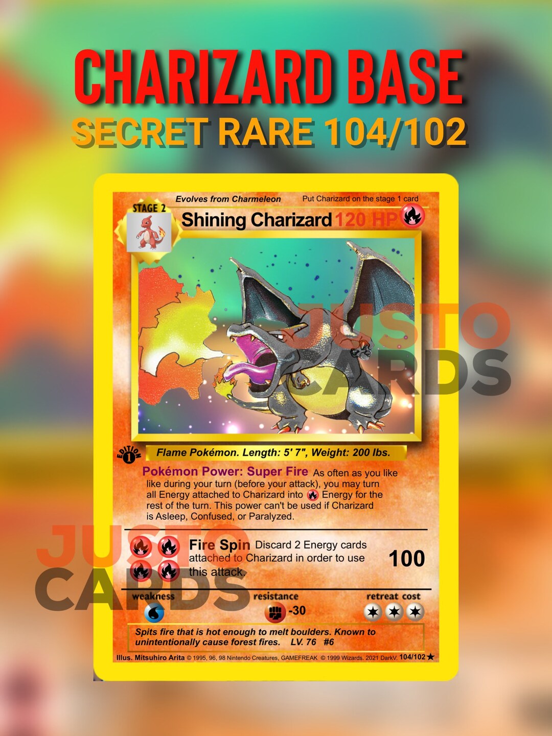 Shining Charizard Base 104/102 Galactic Rare Custom Pokemon - Etsy Canada