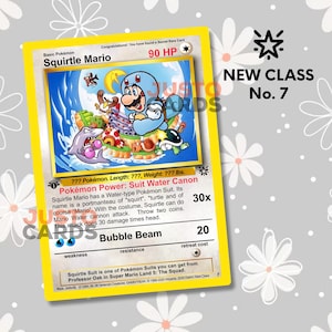 Schiggy Mario - Neue Klasse - Vintage Stijl Pokemon Super Mario Karte - Custom Art Mario im Schiggy Suit Springen rond