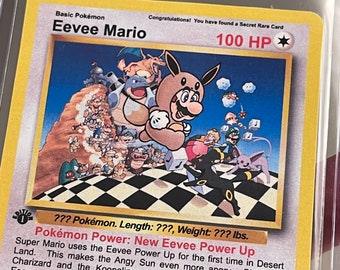 Eevee Mario - Vintage Style Pokemon Super Mario Card - Custom Art Mario in Eevee Suit, starring Charizard Umbreon Blastoise