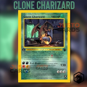 May include: A Clone Charizard Pokémon card with a yellow border. The card features a Charizard illustration in a lab setting, with text including "180 HP" and "Evil Blast". The card is 5'7" long and weighs 200 lbs.