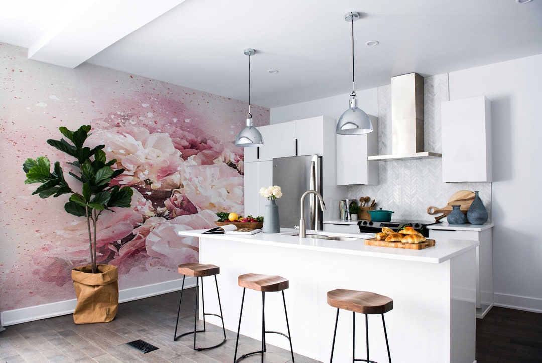 Watercolor Pink Flowers - Removable Wallpaper - Wall Mural - Peel and ...