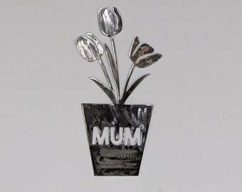 Mothers Day - Garden Ornament - Metal Tulips in Plant Pot with MUM text