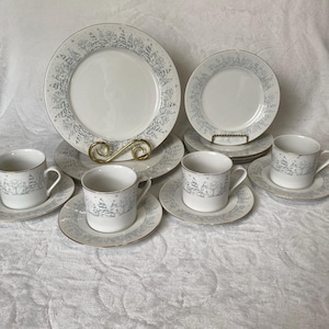 Lynn’s  Fine China “Christmas Pines Pattern&quot; Dinner, Salad, Cups, Saucers Set 14
