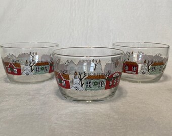 3-Libbey Christmas Country Winter Holiday Candy Clear Glass Bowl Dish Gold Trim