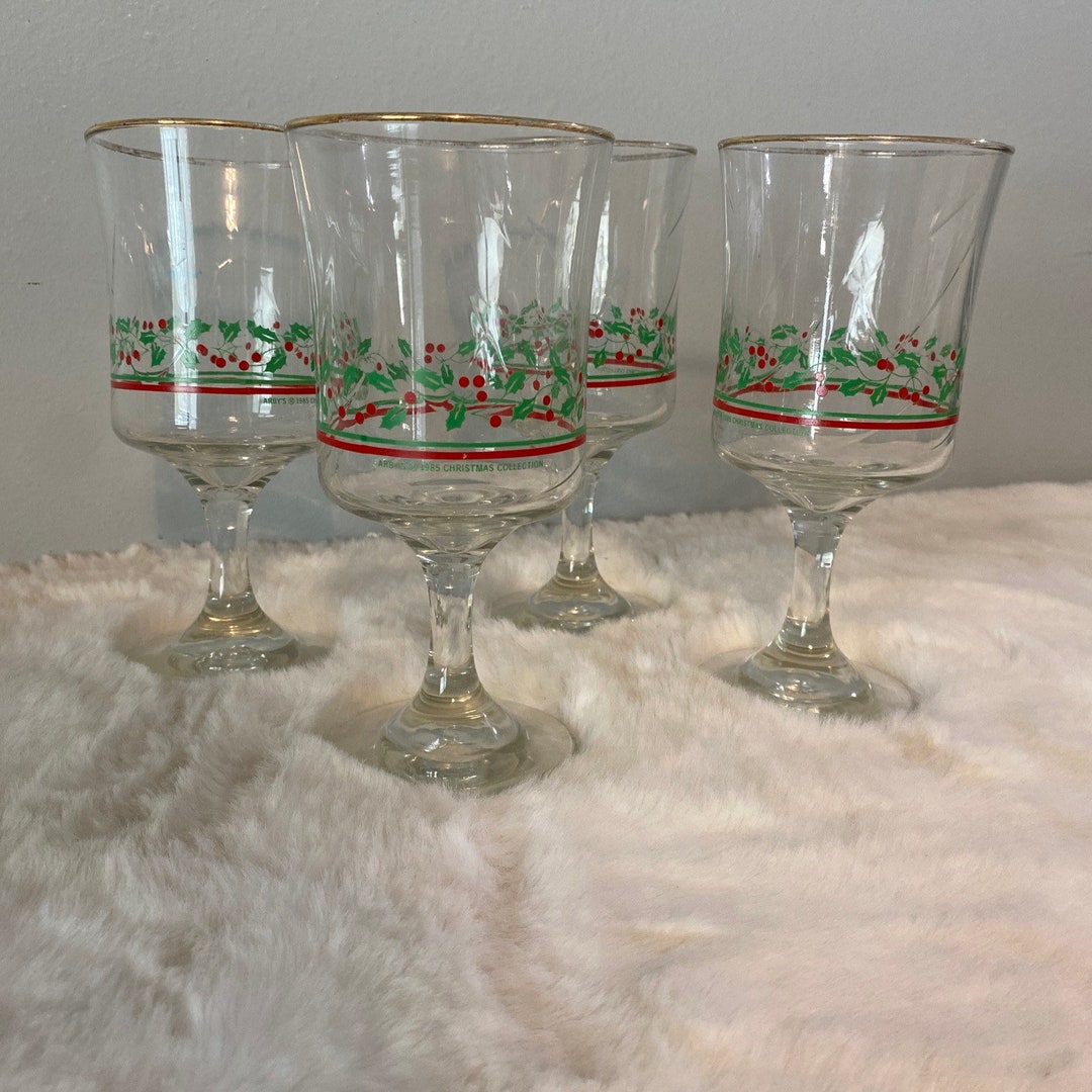 4 Vintage 1986 Arbys Christmas Holly Berry Glasses Wine Goblets Gold ...
