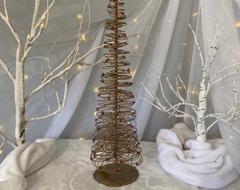 Crate and Barrel Gold Wire Glitter Purple, Red, Gold Beaded Christmas Tree 19.5”.