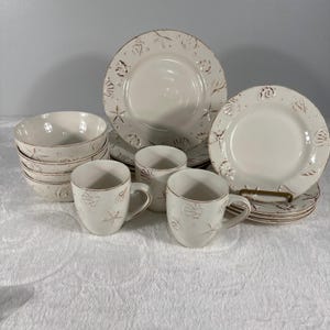 15pc-Thomson Pottery Coastal Hampton Seashell Embossed Creamy White Beige