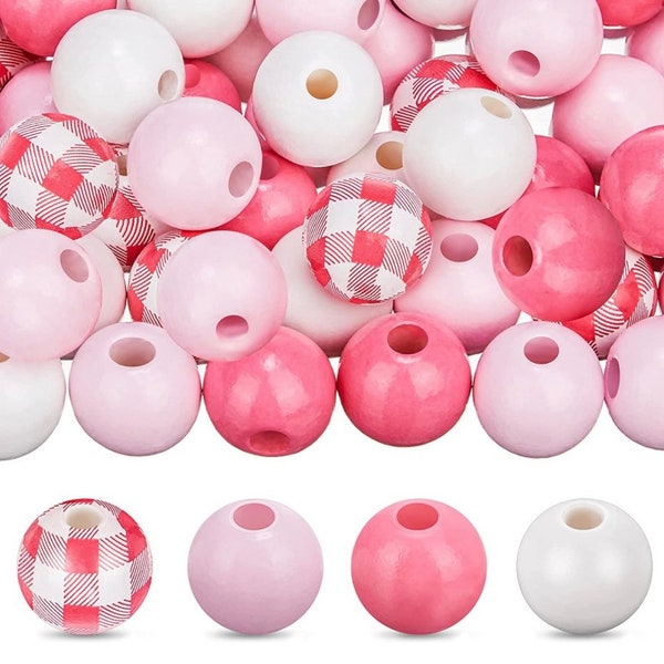 100 Wooden Pink Bead Mix for Garland, crafting and jewelry making.White Beads, Pink Beads, Pink Plaid Bead Assortment, Bead Soup