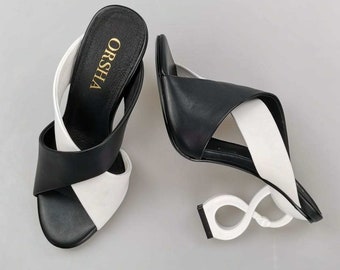 Quality Black and White Genuine Leather Luxury Designer Heels