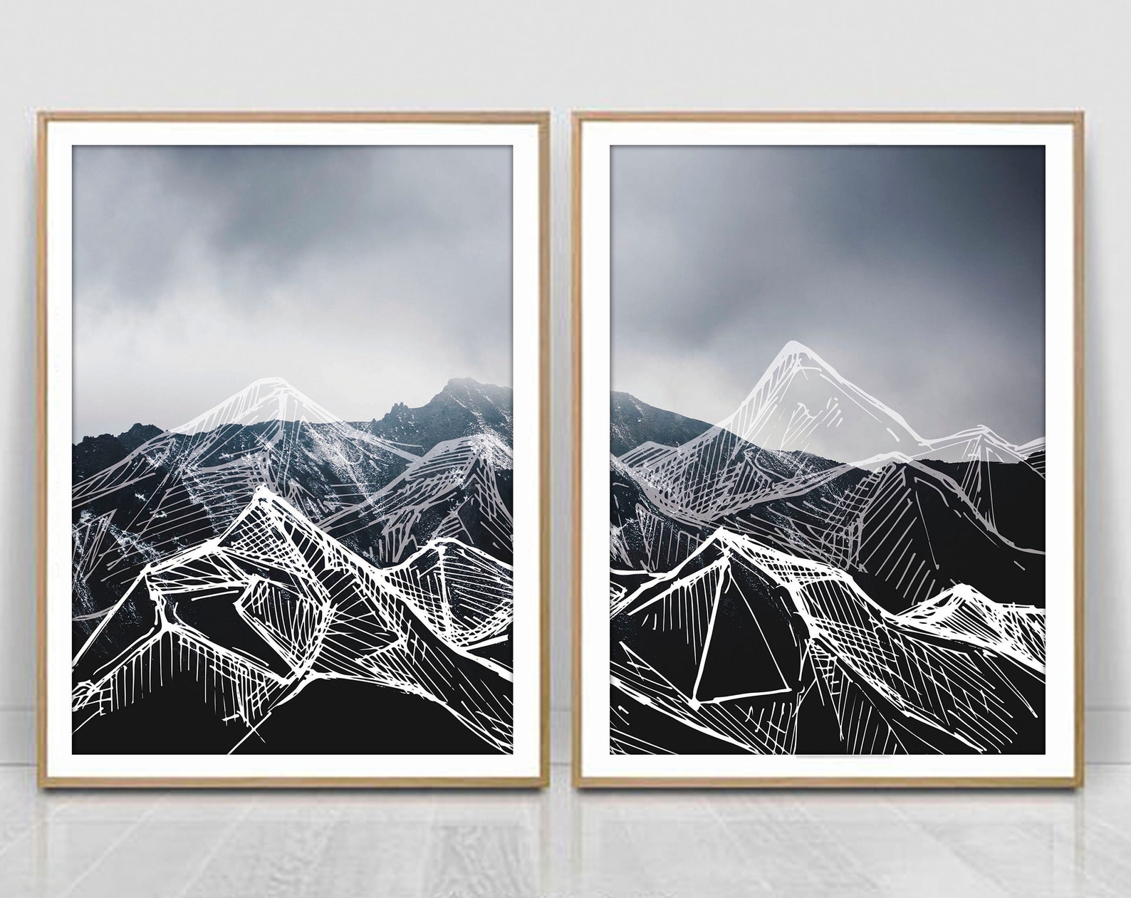 Mountain Wall Art Set of 2 Print Digital Poster Black White | Etsy