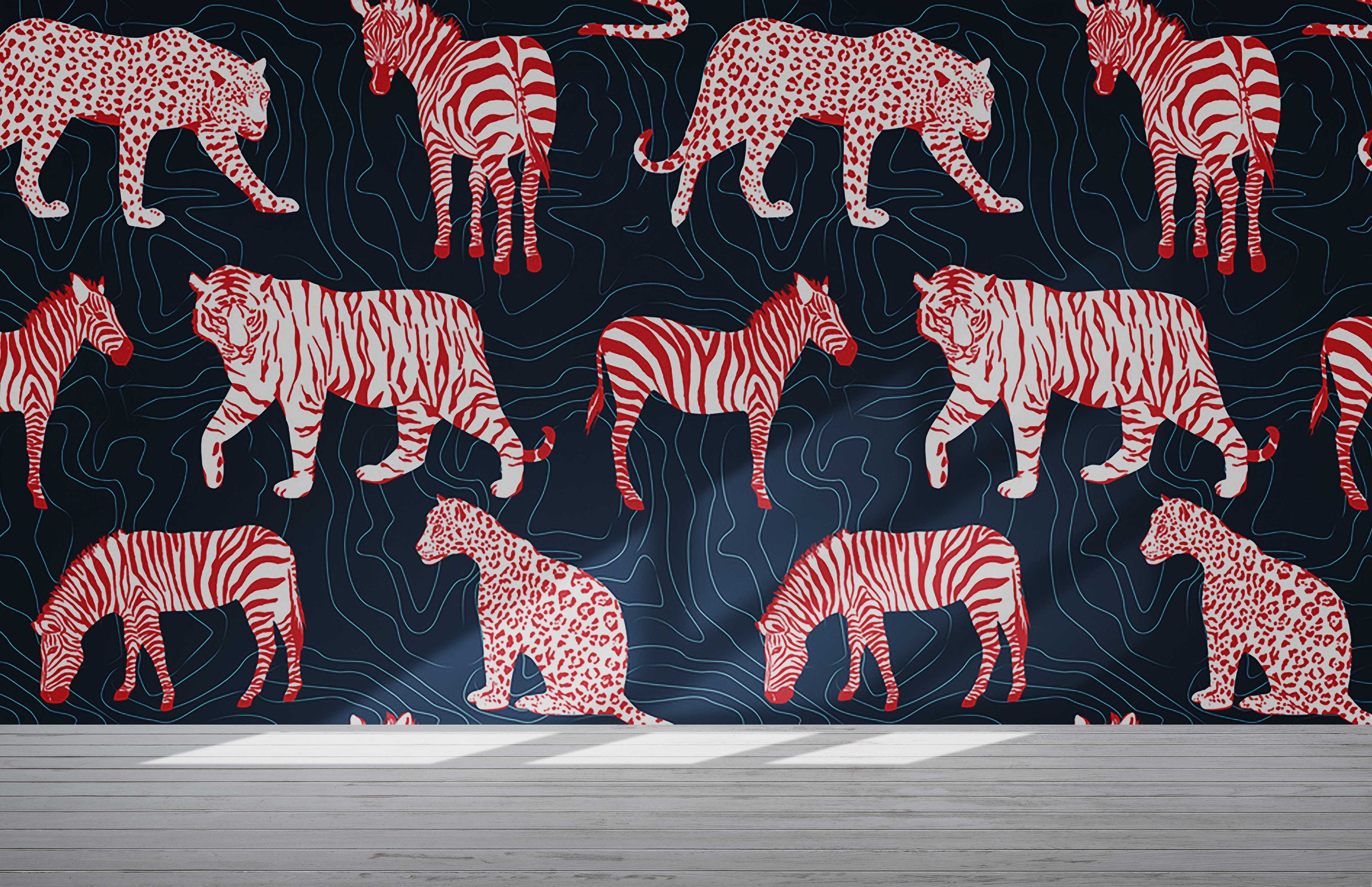 Red Safari Animals Removable Wallpaper Wall mural Peel Etsy