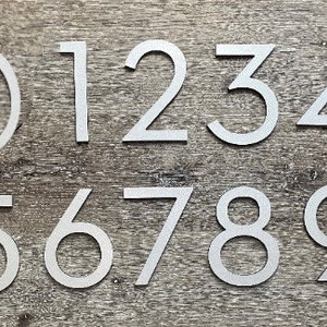 May include: Silver metal house numbers 0 through 9. The numbers are modern and minimalist in style.