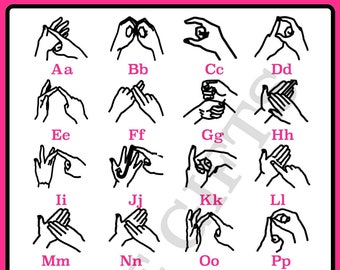 A4, PDF Britische Gebärdensprache, Auslan, Alphabet Poster, Rosa und Schwarz, BSL und Buchstaben, printable, lehrreich, Sprachen lernen, SEN