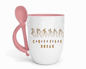 Bsl, Coffee Break, Pink and White Mug, with Spoon.