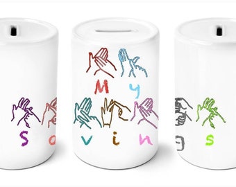 British Sign Language, 'My Savings' Money Tin, Rainbow coloured design.