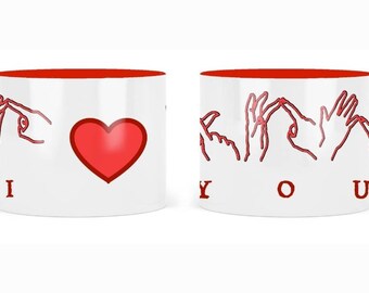 I Love You, Red and White Mug in British Sign Language.