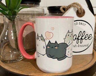 Kawaii Cats Coffee Mug | Pink Handle, 15oz Ceramic Mug