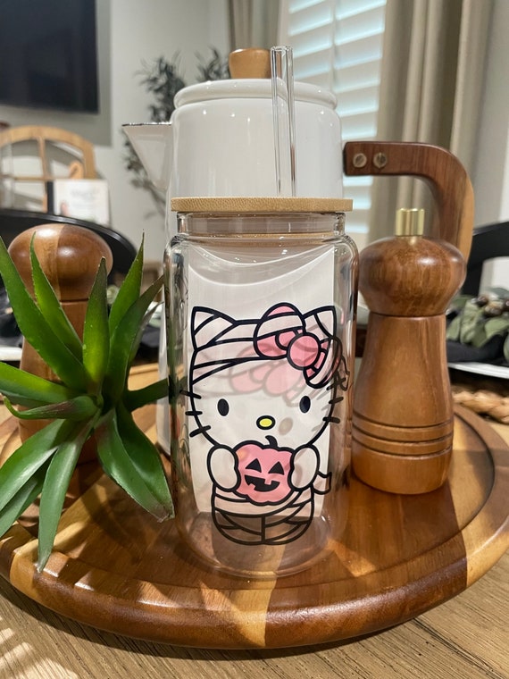 Kitty Mummy Halloween Glass Can: 16oz Full Wrap with Bamboo Lid