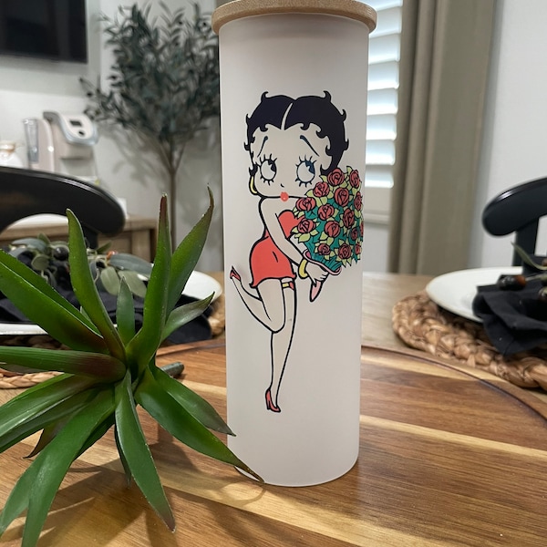 Betty Boop Frosted Glass 20oz Tumbler | Cartoon Character |Travel cup | Flower Vase |Betty Boop |Gift for mom| friend |coworker