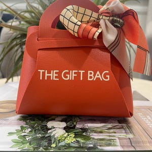 May include: A bright orange structured gift bag with a top handle and the text THE GIFT BAG printed in white on the front. A patterned silk scarf featuring a grid design in shades of orange, cream, and black is tied around the handle.