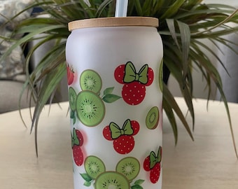 Frosted Glass Fruit Can Tumbler: 16oz Iced Coffee Drinkware with Bamboo Lid