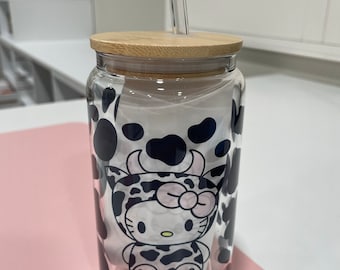 Kitty Cow Print Glass Can: 16oz Full Wrap with Bamboo Lid & Straw