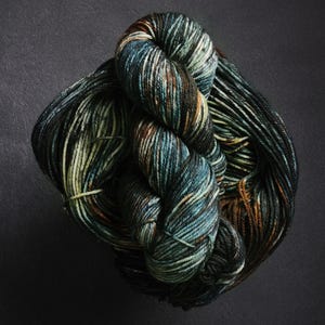 May include: A skein of hand-dyed yarn featuring a variegated colour palette of deep forest green, slate blue, charcoal black, and warm copper brown tones. The twisted fibre displays a complex, multi-tonal appearance with subtle colour transitions.