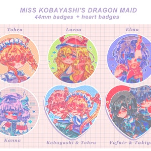 ABBILDUNG Dragon Maid Anstecker - 44 mm & Herz Button Pins! - Fräulein Kobayashis Drachenmädchen