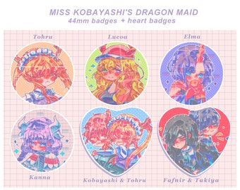 Dragon Maid badges - 44mm & heart button pins! - Miss Kobayashi's Dragon Maid