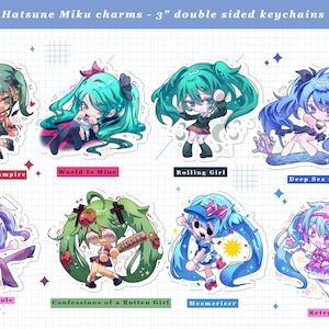 May include: Collection of double-sided Hatsune Miku keychains, each 3 inches in size. The charms feature various anime-style illustrations of Hatsune Miku in different outfits and poses. Text on the charms includes "The Vampire", "World Is Mine", and "Rolling Girl".