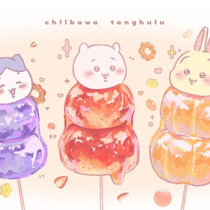 May include: Illustration of three kawaii-style tanghulu treats on sticks. The treats feature cute animal faces: a cat, a bear, and a bunny. The text "ChiiKawa Tanghulu" is at the top. The background is a soft peach color with scattered hearts and fruit.