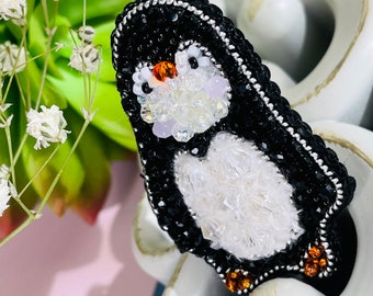 Beaded penguin brooch, winter brooch, Xmas brooch